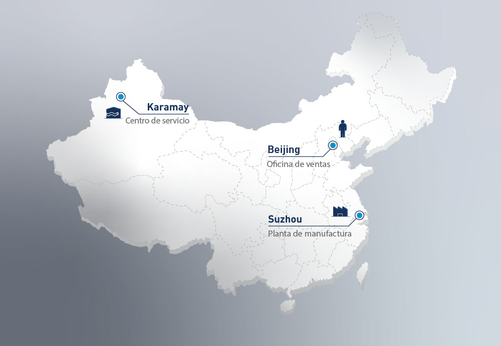 Mapa con las oficinas y centro de fabricación de PCM en China